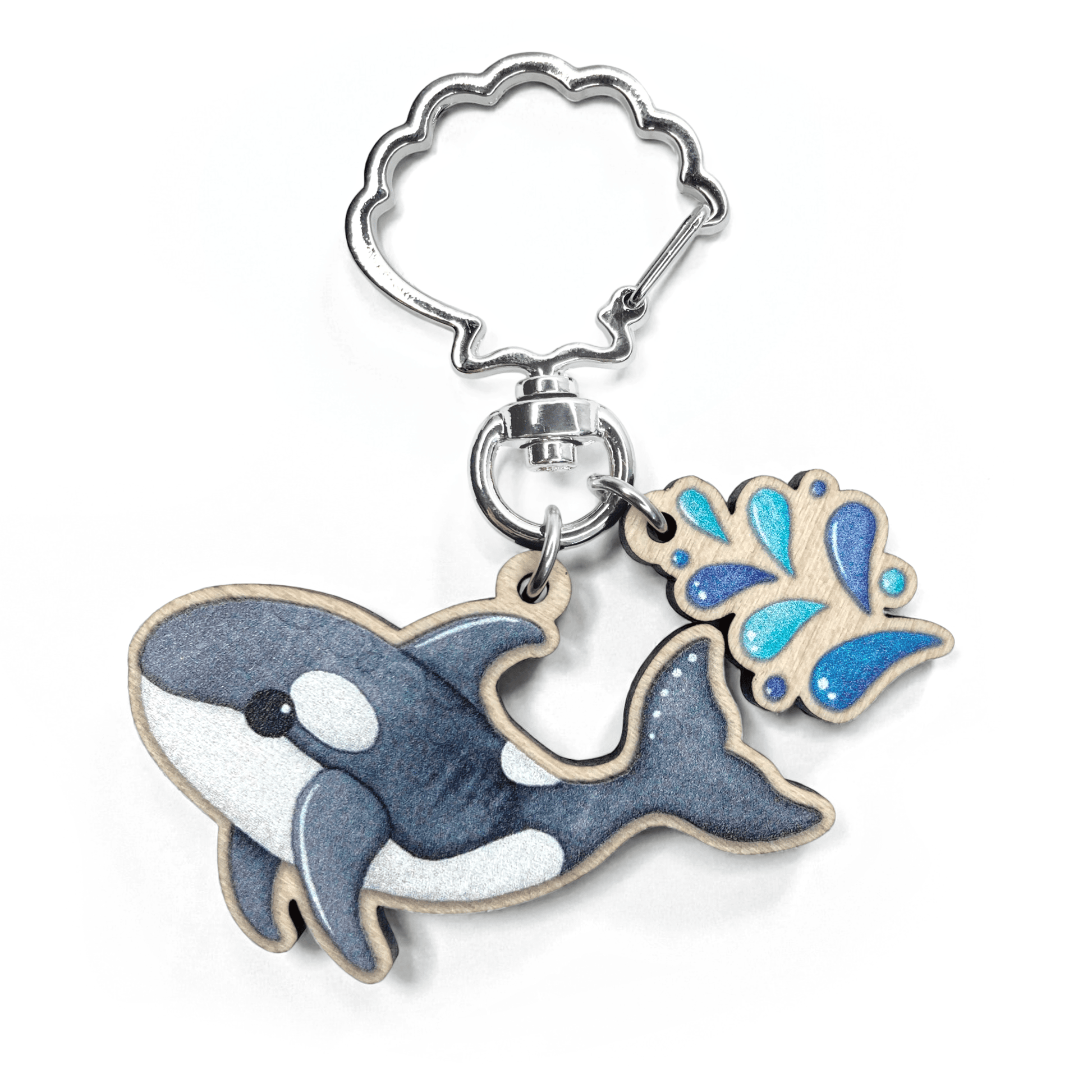 Wooden Keyring - Orca Whale with Water Spout - Maple Wood Key Chain with Shell Clasp - East Neuk Beach Crafts