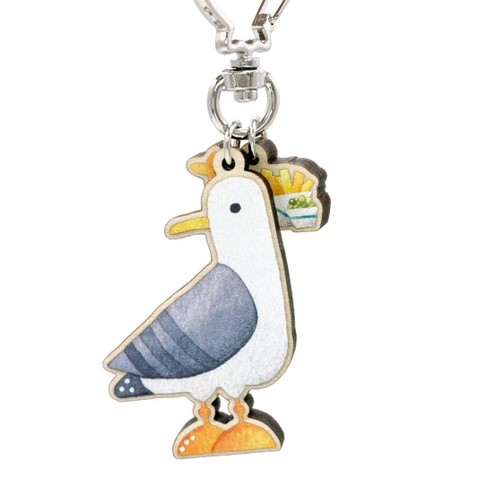 Wooden Keyring - Seagull with Fish and Chips - Maple Wood Key Chain with Shell Clasp - East Neuk Beach Crafts