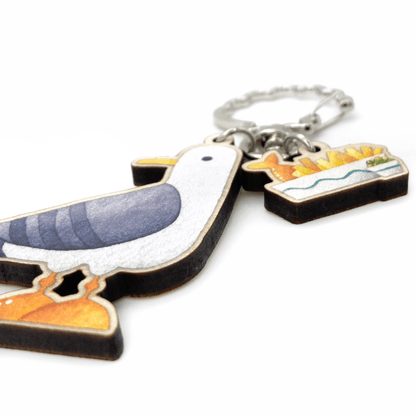 Wooden Keyring - Seagull with Fish and Chips - Maple Wood Key Chain with Shell Clasp - East Neuk Beach Crafts