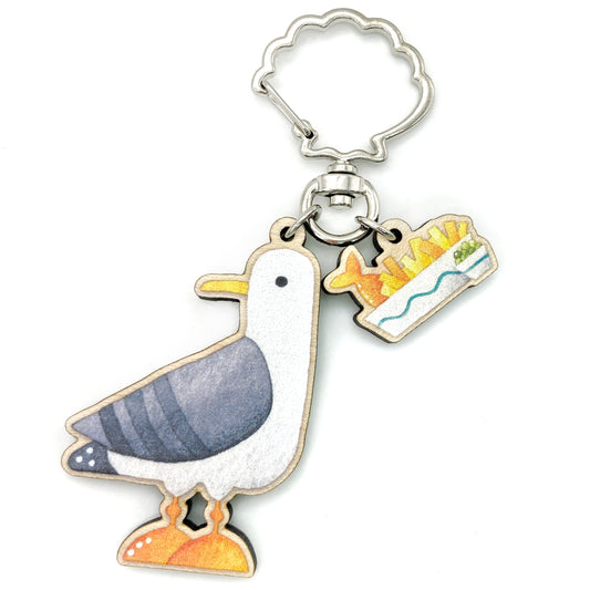 Wooden Keyring - Seagull with Fish and Chips - Maple Wood Key Chain with Shell Clasp - East Neuk Beach Crafts
