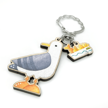 Wooden Keyring - Seagull with Fish and Chips - Maple Wood Key Chain with Shell Clasp - East Neuk Beach Crafts