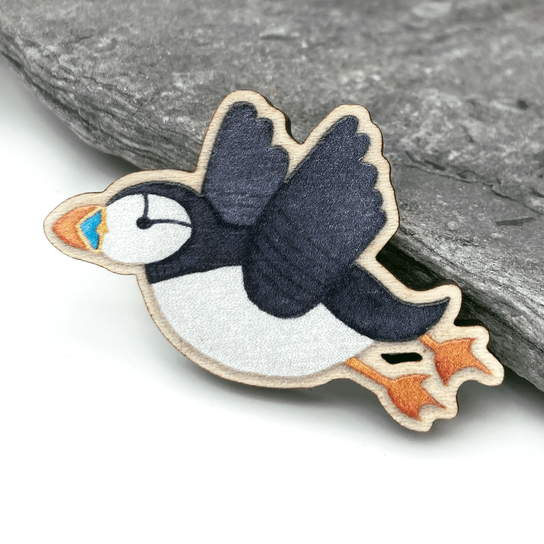 Wooden Pin Badge - Flying Puffin - Maple Wood Brooch - East Neuk Beach Crafts