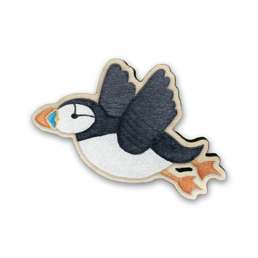 Wooden Pin Badge - Flying Puffin - Maple Wood Brooch - East Neuk Beach Crafts