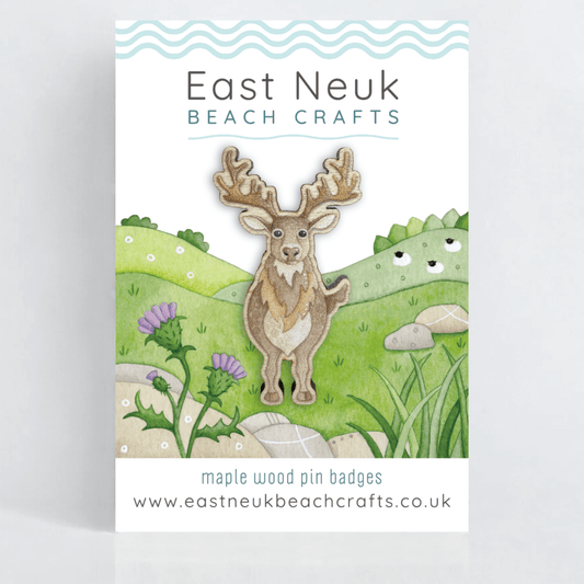 Wooden Pin Badge - Highland Stag - Maple Wood Brooch - East Neuk Beach Crafts