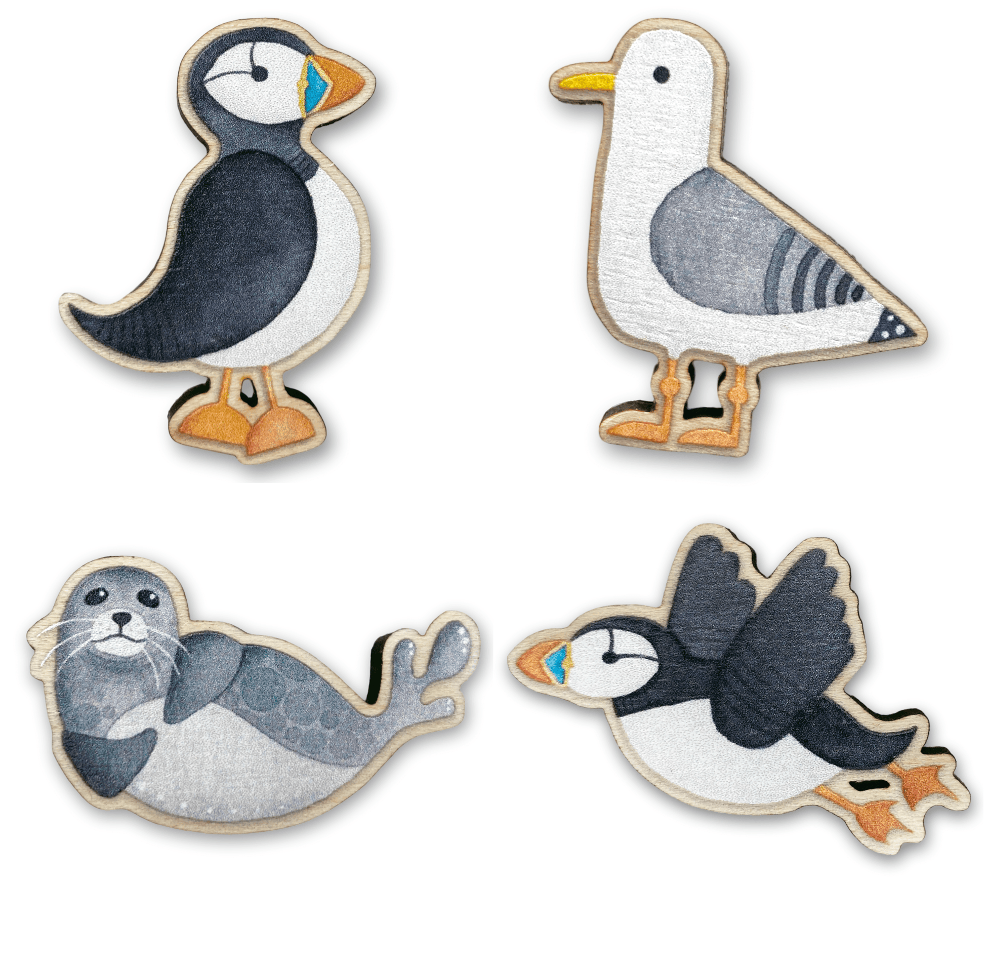 Wooden Pin Badge Set x4 - Puffins - Seal - Seagull - Brooches - Save £3 - East Neuk Beach Crafts