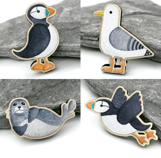 Wooden Pin Badge Set x4 - Puffins - Seal - Seagull - Brooches - Save £3 - East Neuk Beach Crafts