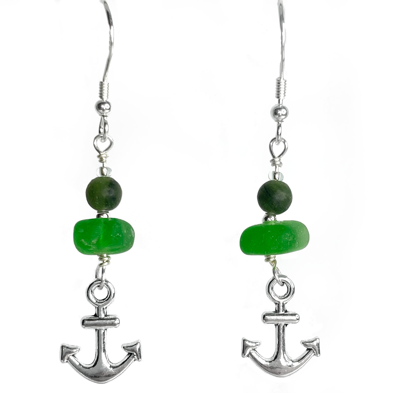 Anchor Earrings - Green Sea Glass & Silver Jewellery with Jade Crystal Beads - East Neuk Beach Crafts