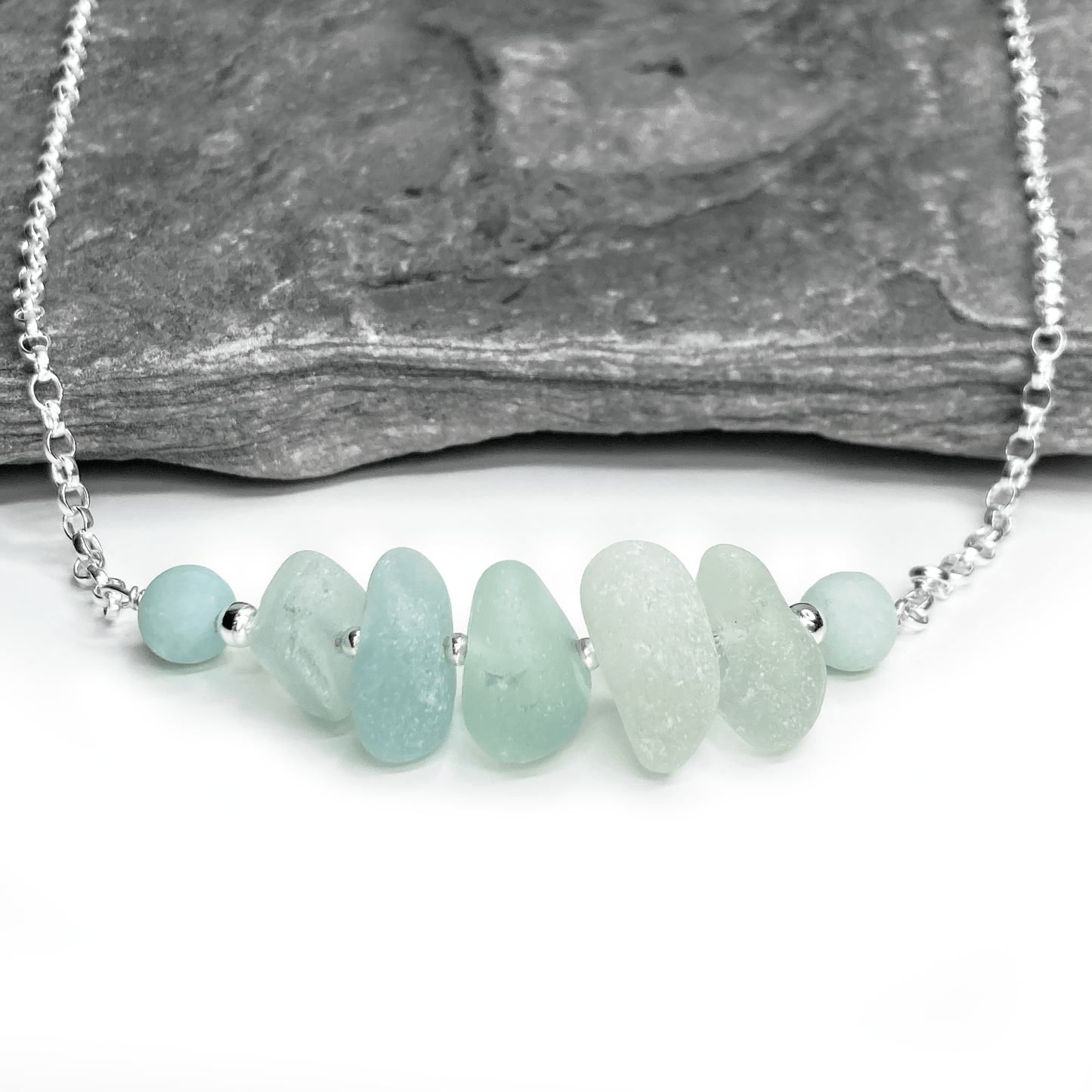 Aqua Green Sea Glass Necklace with Amazonite Crystal Beads - Sterling Silver Scottish Jewellery - East Neuk Beach Crafts
