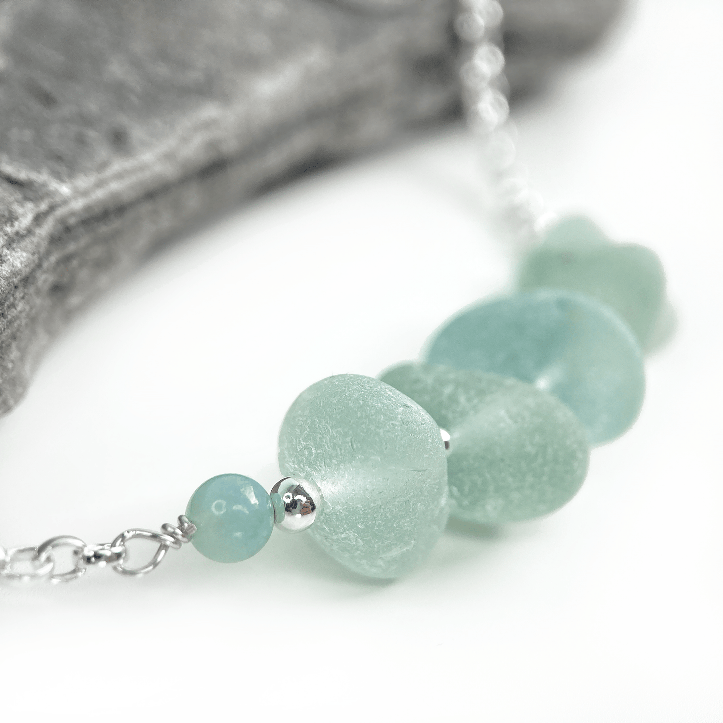 Aqua Green Sea Glass Necklace with Amazonite Crystal Beads - Sterling Silver Scottish Jewellery - East Neuk Beach Crafts