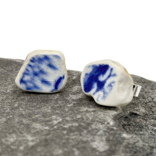 Beach Pottery Stud Earrings - Sterling Silver Jewellery - Scottish Antique Blue Sea China - East Neuk Beach Crafts