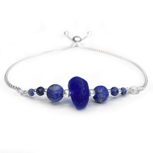 Blue Sea Glass Bracelet - Sterling Silver Slider Bracelet with Lapis Lazuli, Jasper and Sodalite - East Neuk Beach Crafts