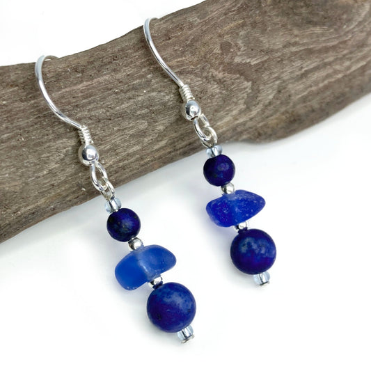 Blue Sea Glass Earrings - Sterling Silver Beaded Earrings with Lapis Lazuli Crystal - East Neuk Beach Crafts
