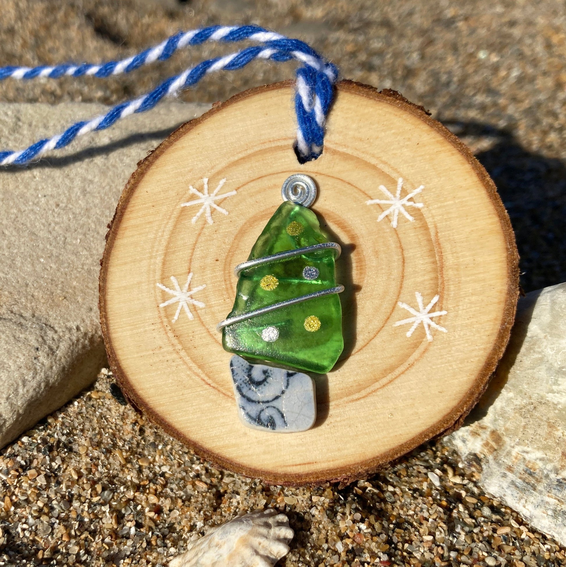 Christmas Tree - Handmade Green Sea Glass & Beach Pottery Wooden Decoration - East Neuk Beach Crafts