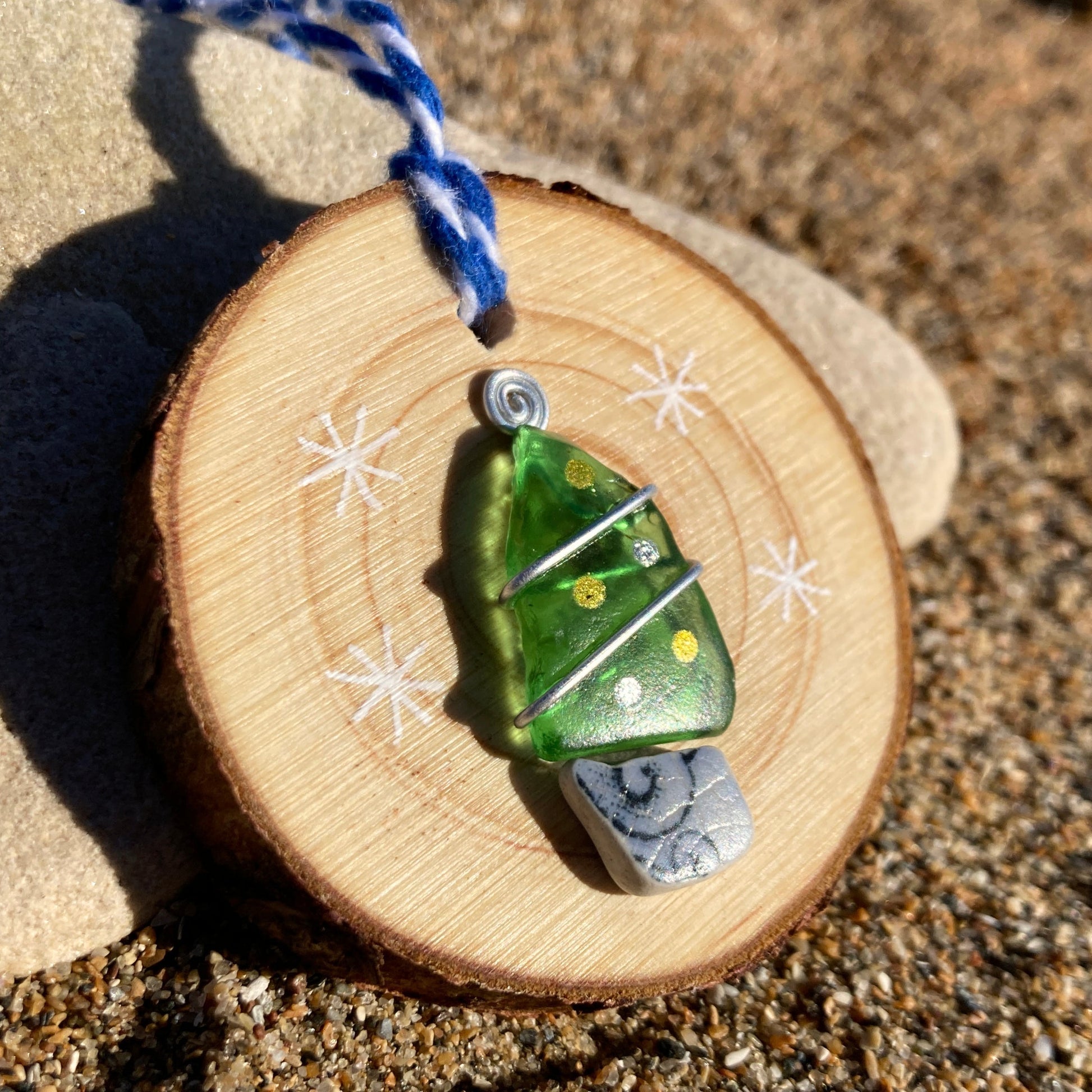 Christmas Tree - Handmade Green Sea Glass & Beach Pottery Wooden Decoration - East Neuk Beach Crafts