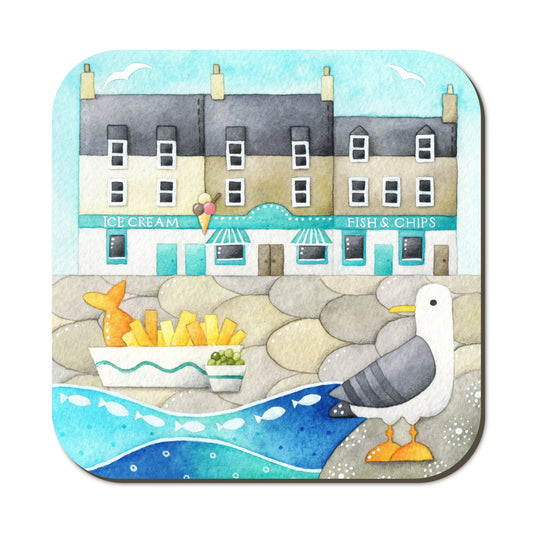 Coaster - Fish and Chips at Anstruther - Seaside Watercolours, East Neuk of Fife - East Neuk Beach Crafts