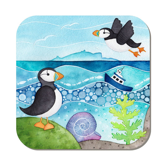 Coaster - Isle of May Puffins - Seaside Watercolours, East Neuk of Fife - East Neuk Beach Crafts
