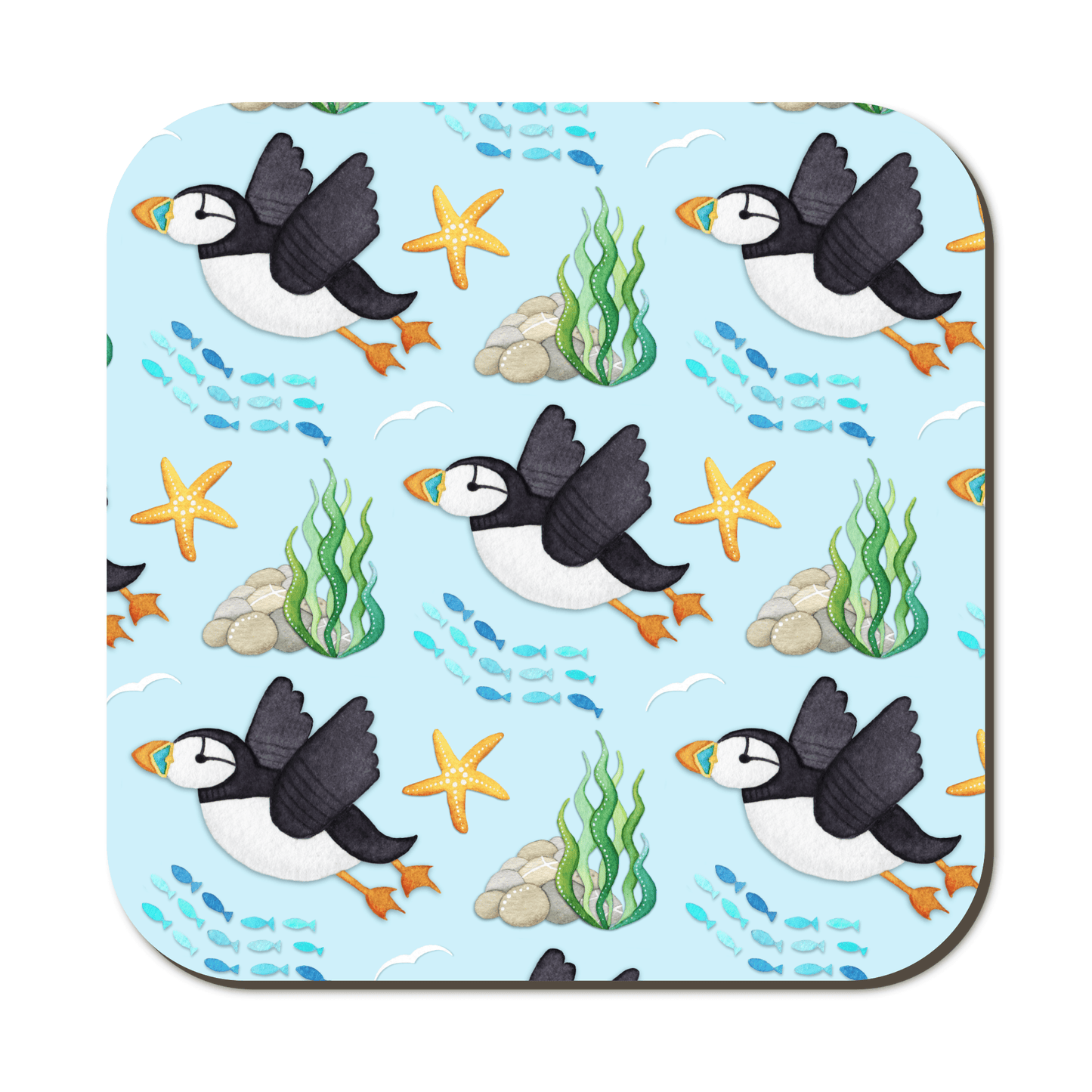 Coaster Set x 4 - Seagull & Puffin - Seaside Watercolour Patterns - East Neuk Beach Crafts