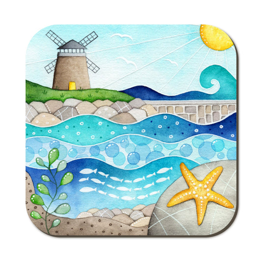 Coaster - St Monans Windmill and Starfish - Seaside Watercolours, East Neuk of Fife - East Neuk Beach Crafts