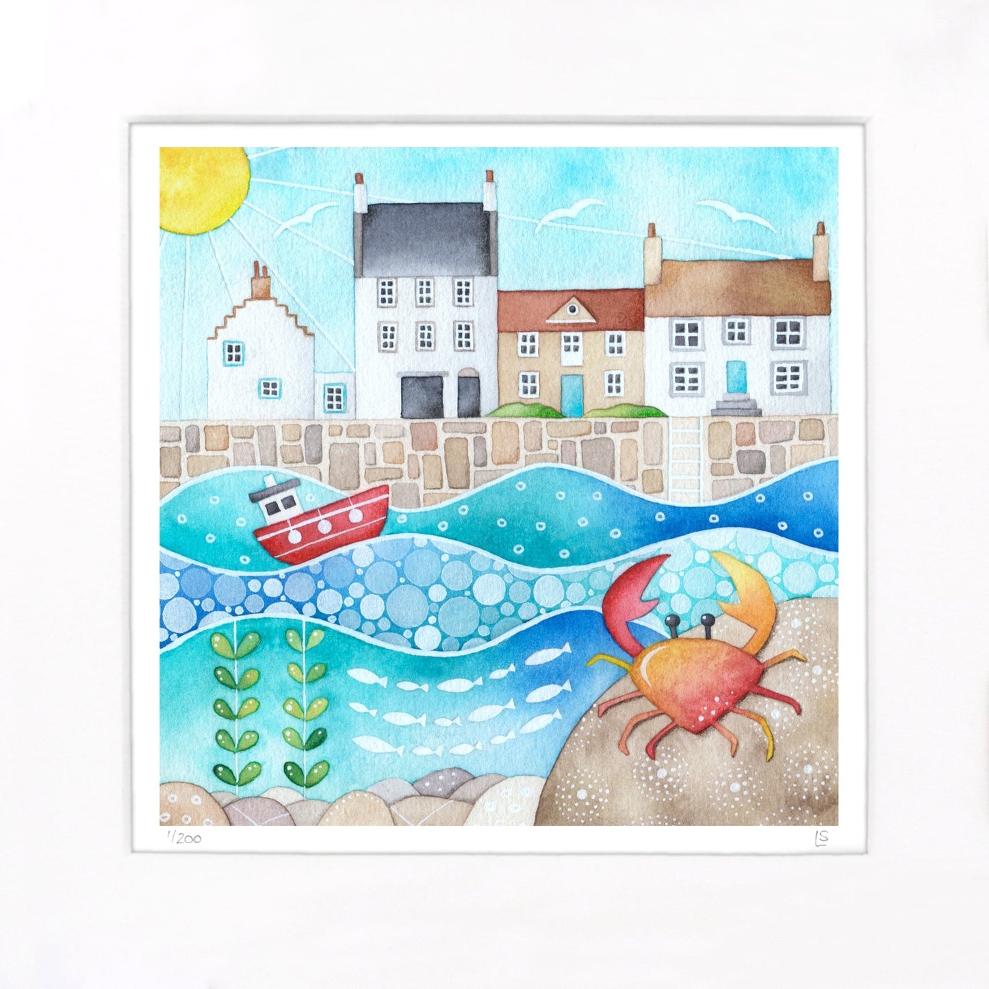 Crail Harbour & Crab Print - Seaside Watercolour Painting - Limited Edition Signed Art - East Neuk Beach Crafts