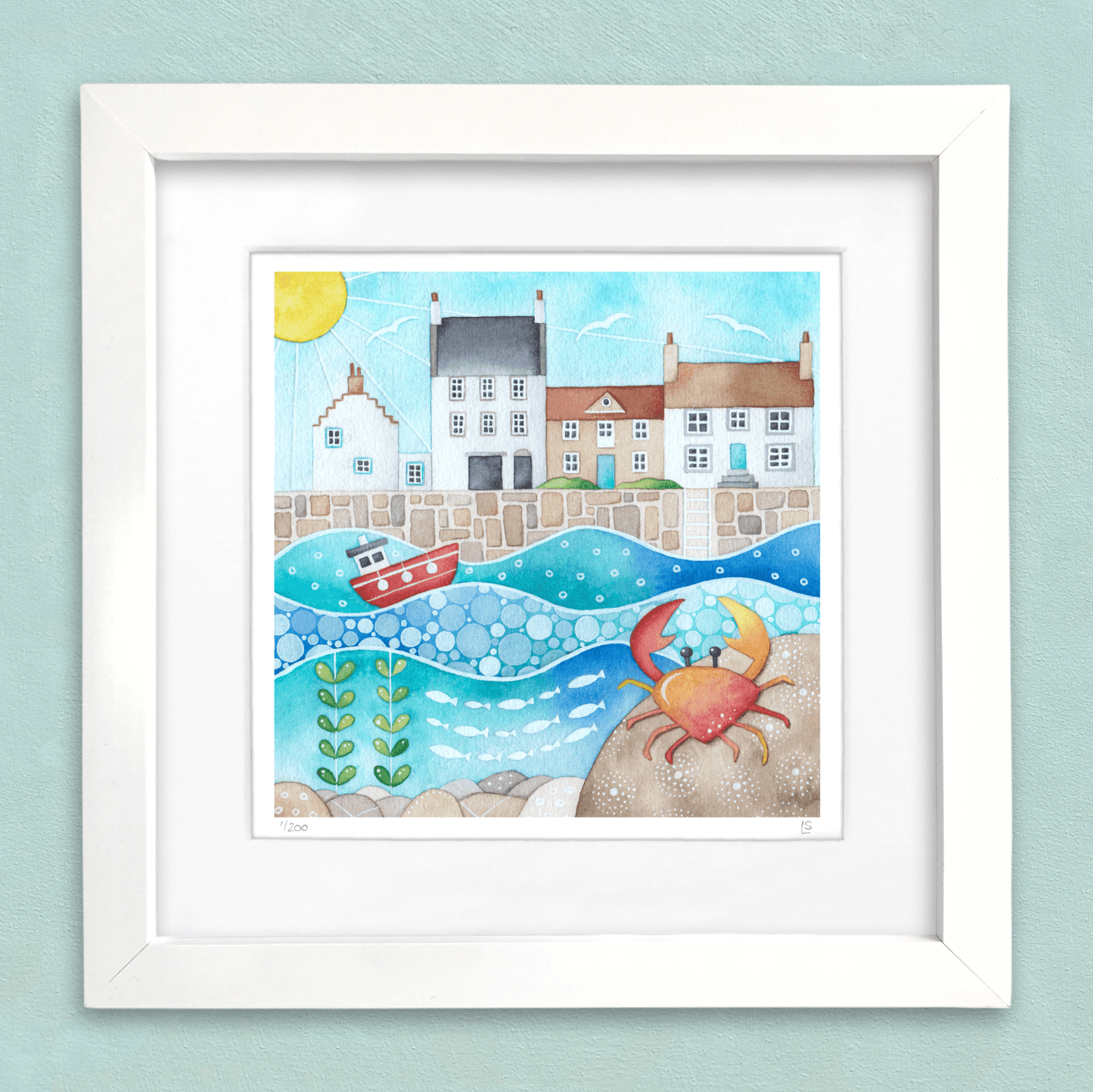 Crail Harbour & Crab Print - Seaside Watercolour Painting - Limited Edition Signed Art - East Neuk Beach Crafts