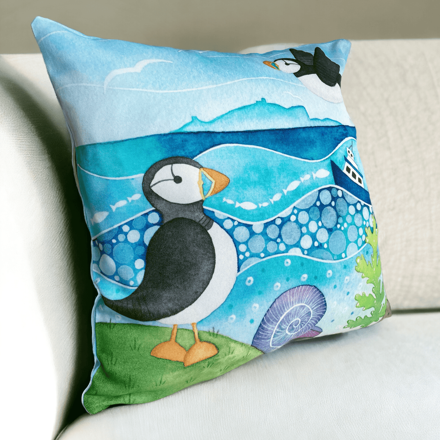 Cushion Cover - Puffins and the Isle of May - Seaside Watercolours - East Neuk Beach Crafts