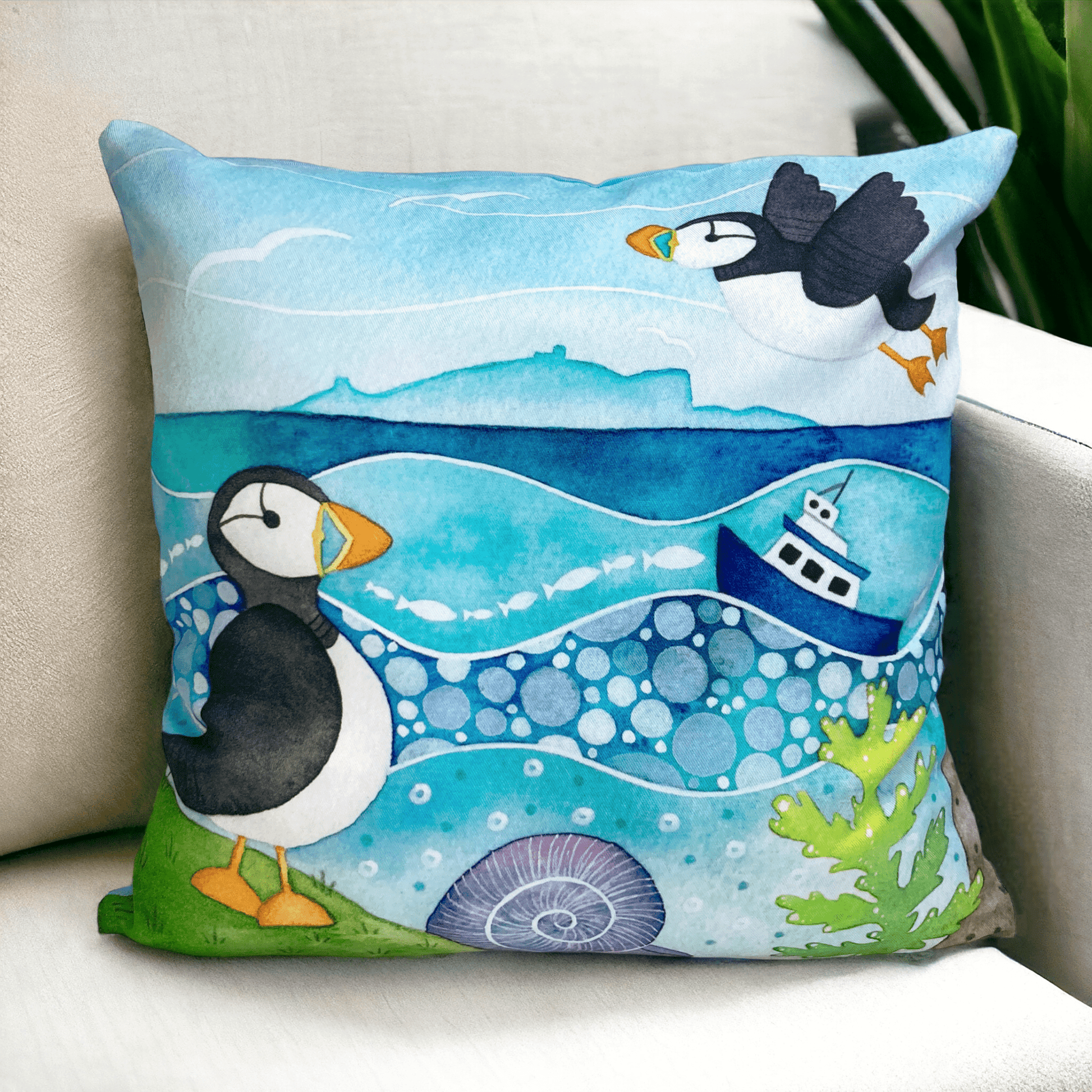 Cushion Cover - Puffins and the Isle of May - Seaside Watercolours - East Neuk Beach Crafts
