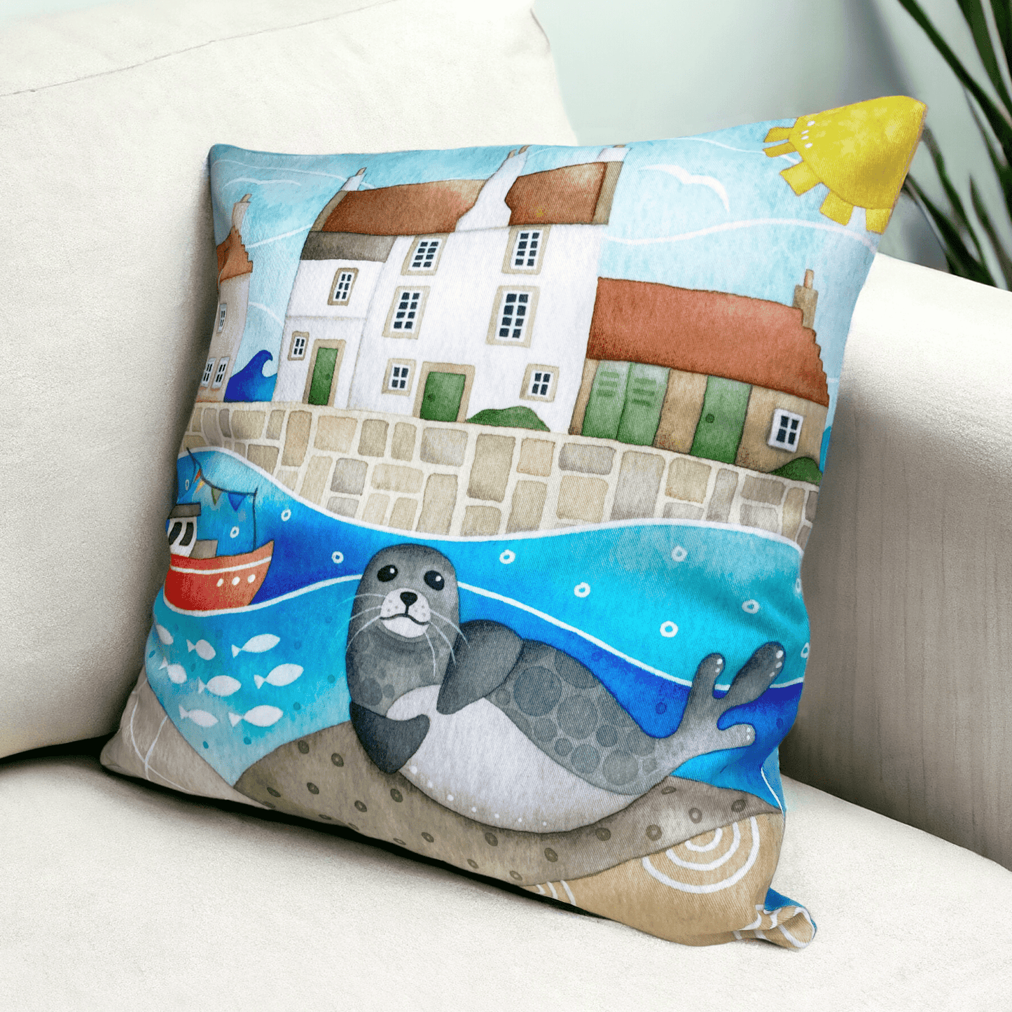 Cushion Cover - Sammy Seal at Pittenweem Harbour - Seaside Watercolours - East Neuk Beach Crafts