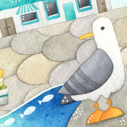 Fish and Chips at Anstruther - Seagull Seaside Watercolour Painting - Limited Edition Signed Print - East Neuk Beach Crafts
