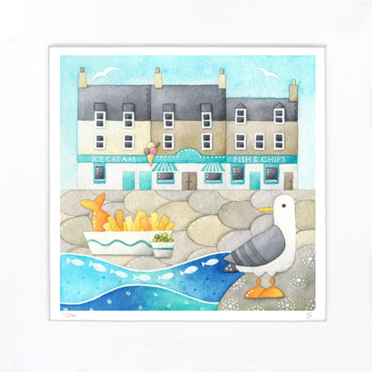 Fish and Chips at Anstruther - Seagull Seaside Watercolour Painting - Limited Edition Signed Print - East Neuk Beach Crafts