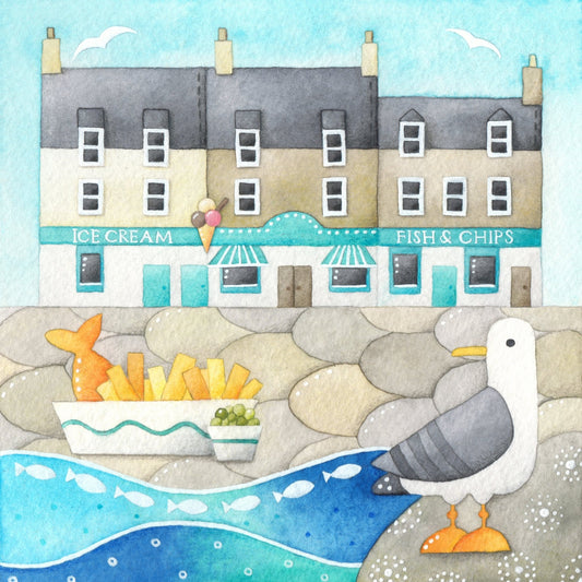 Fish and Chips at Anstruther - Seagull Seaside Watercolour Painting - Limited Edition Signed Print - East Neuk Beach Crafts