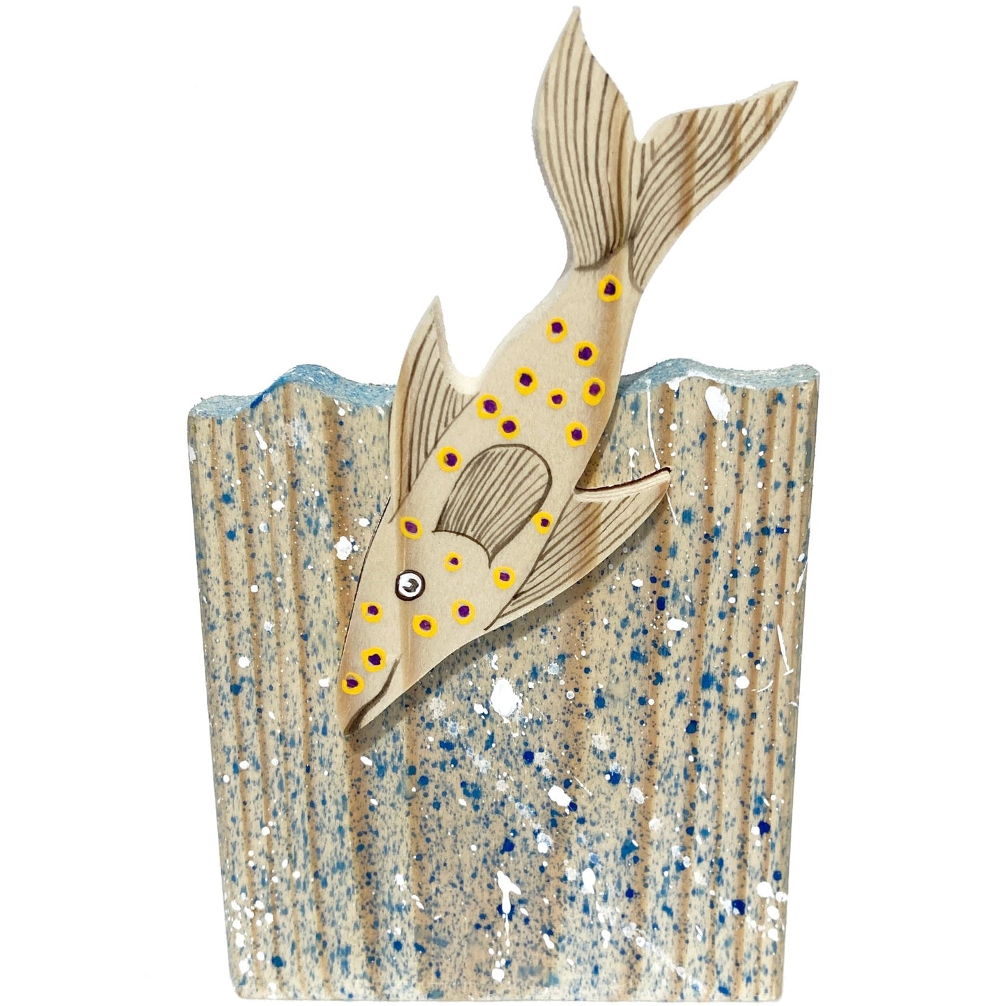 Fish on Wave Wooden Ornament - Interlocking Jigsaw Sculpture - East Neuk Beach Crafts