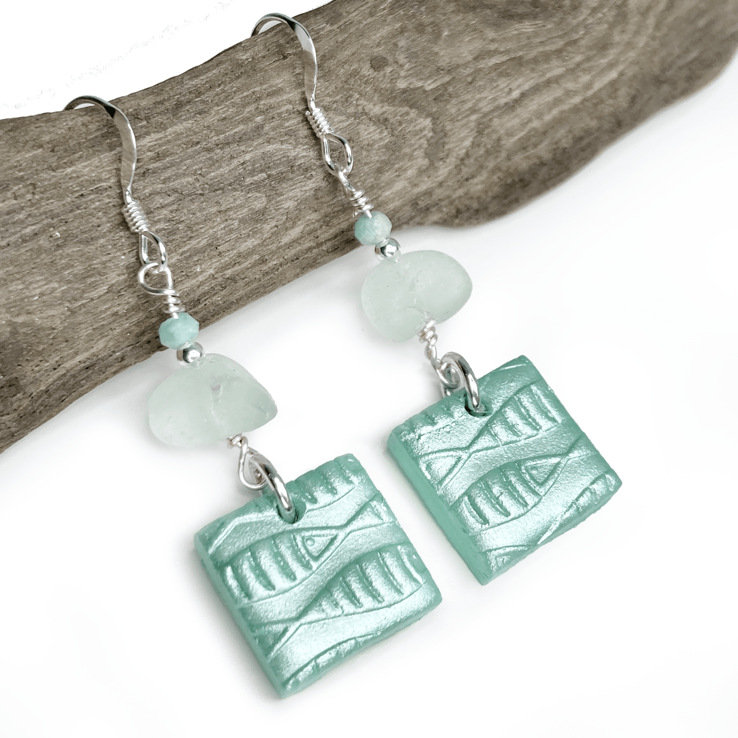 Fish Shoal Dangly Earrings - Green Sea Glass and Amazonite Sterling Silver Earrings - East Neuk Beach Crafts