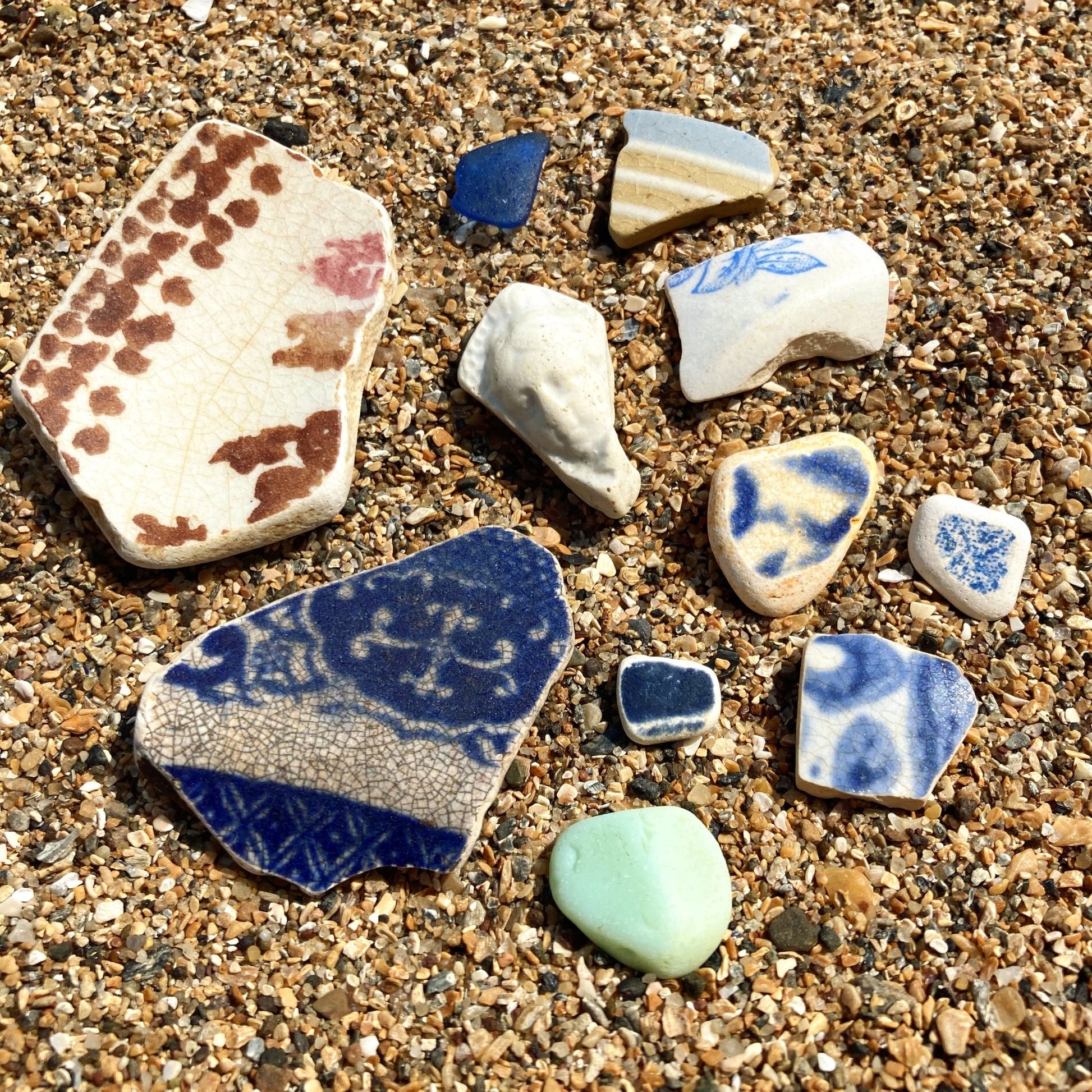 Framed Beachcombing Curiosties - Mosaic Wall Art - Beautiful Blues - Sea Glass, Victorian Pottery, Sculpture, Shells - East Neuk Beach Crafts