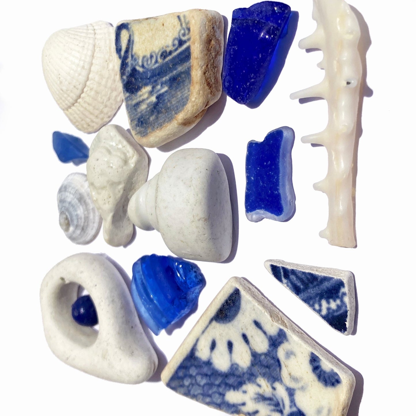 Framed Beachcombing Curiosties - Mosaic Wall Art - Beautiful Blues - Sea Glass, Victorian Pottery, Sculpture, Shells - East Neuk Beach Crafts