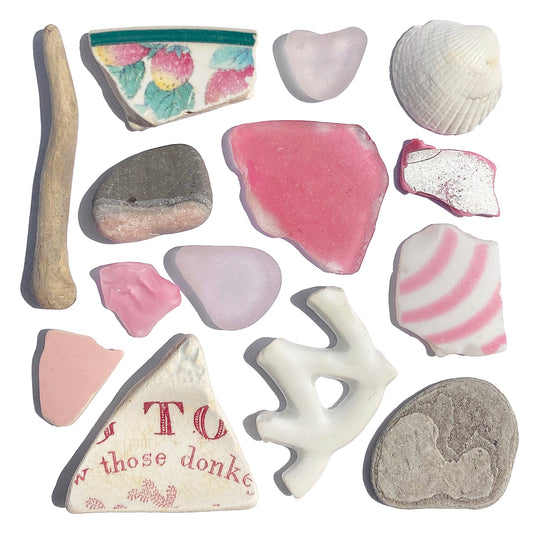 Framed Beachcombing Curiosties - Mosaic Wall Art - Pretty Pinks - Sea Glass, Victorian "Donkey" Pottery, Driftwood, Shells, Pebbles & Slate - East Neuk Beach Crafts