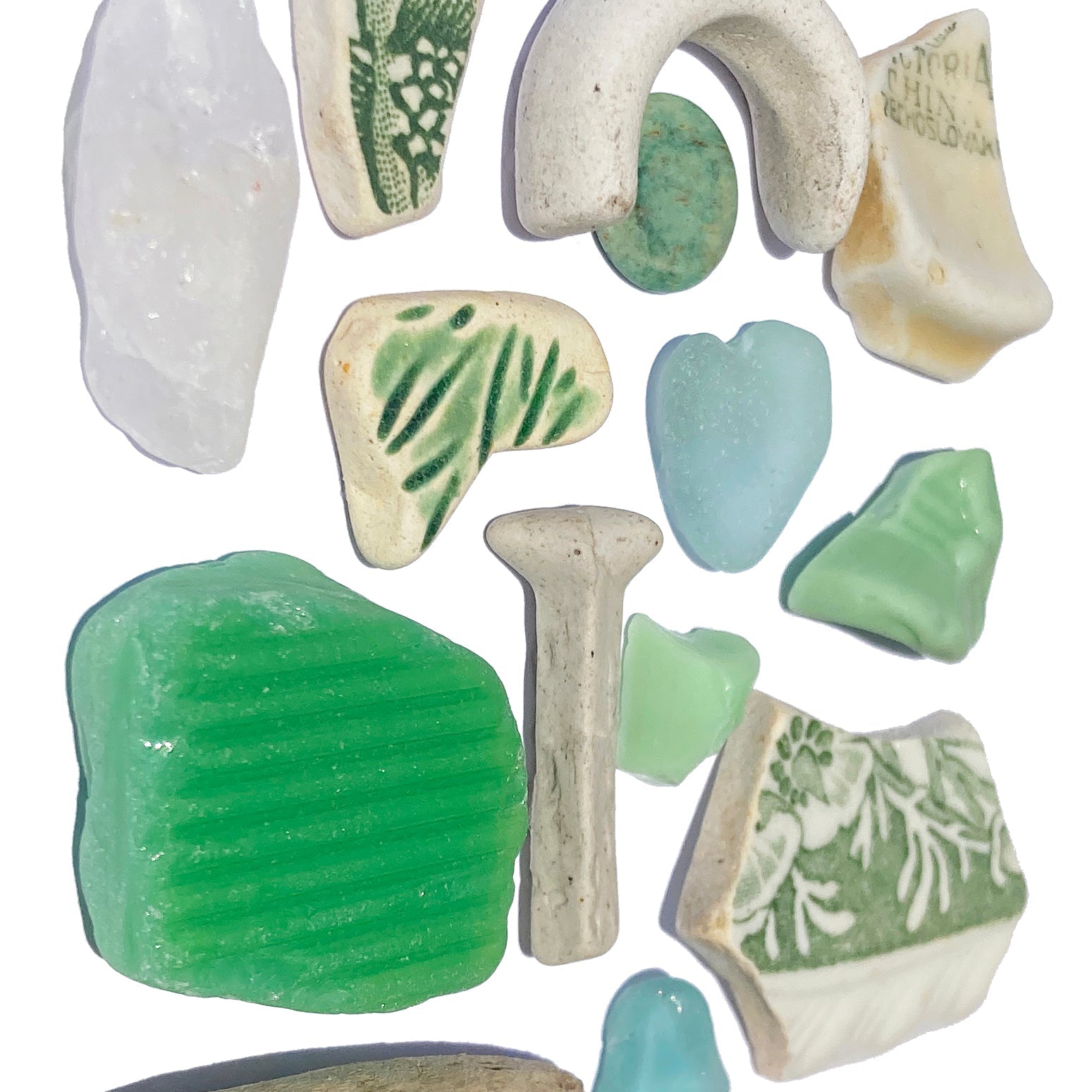 Framed Beachcombing Curiosties - Mosaic Wall Art - Sea Foam Greens - Sea Glass, Victorian Pottery, Quartz, Driftwood, Milk Glass - East Neuk Beach Crafts