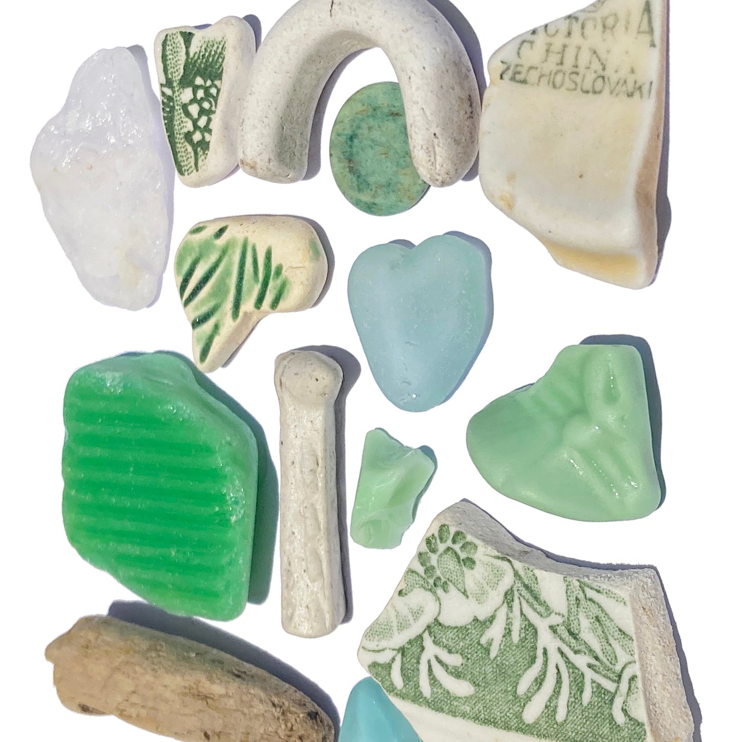 Framed Beachcombing Curiosties - Mosaic Wall Art - Sea Foam Greens - Sea Glass, Victorian Pottery, Quartz, Driftwood, Milk Glass - East Neuk Beach Crafts