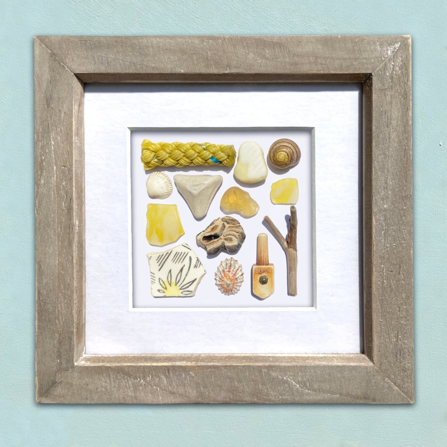 Framed Beachcombing Mosaic - Sunny Yellows - Sea Glass, Driftwood, Shells, Pottery and Rope Wall Art - East Neuk Beach Crafts