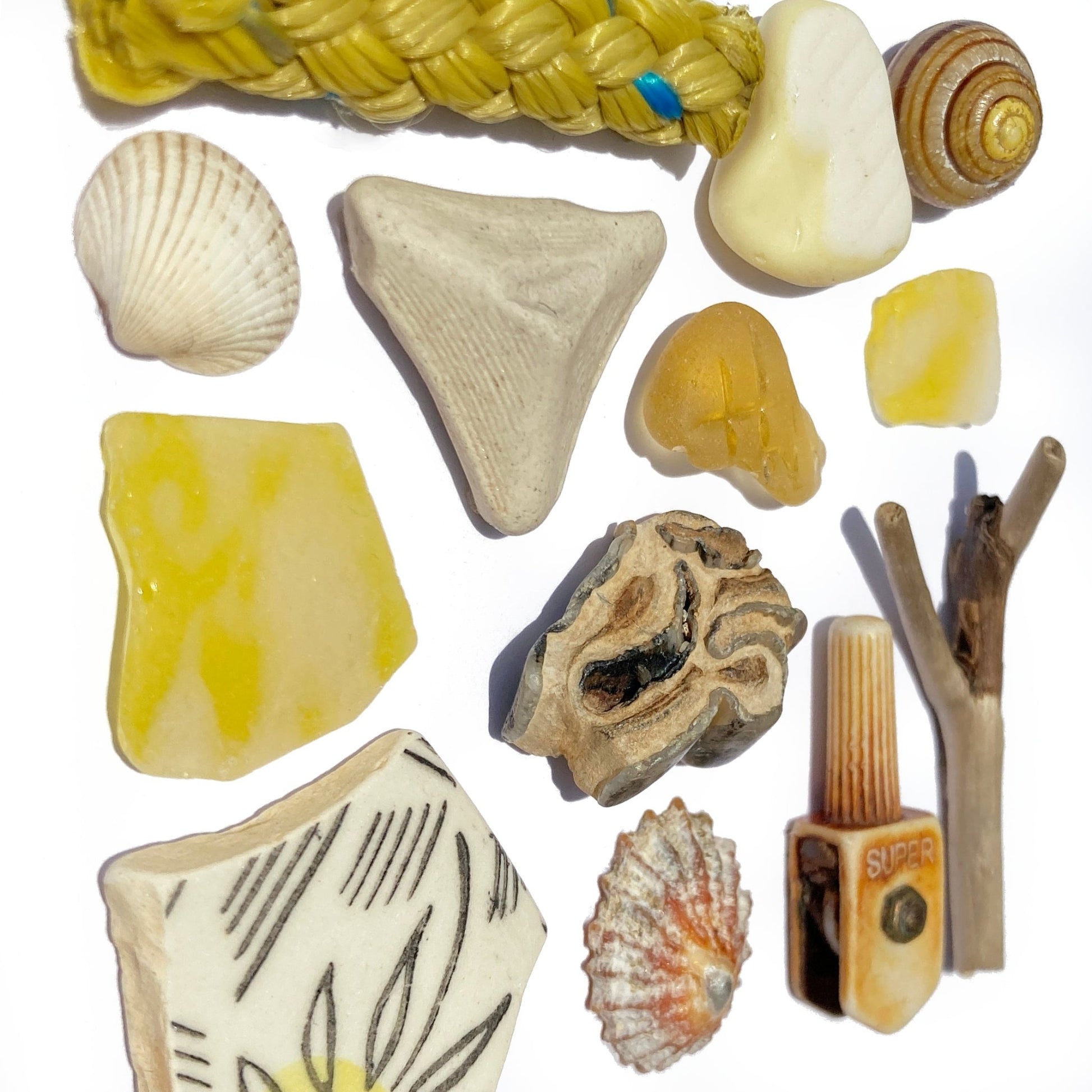 Framed Beachcombing Mosaic - Sunny Yellows - Sea Glass, Driftwood, Shells, Pottery and Rope Wall Art - East Neuk Beach Crafts