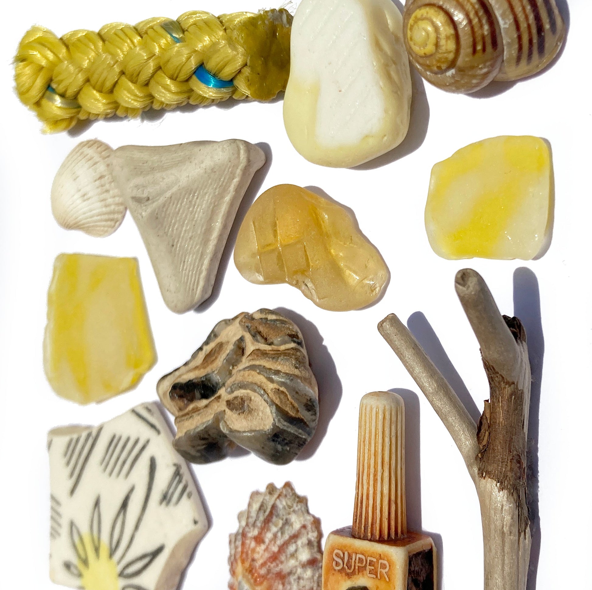 Framed Beachcombing Mosaic - Sunny Yellows - Sea Glass, Driftwood, Shells, Pottery and Rope Wall Art - East Neuk Beach Crafts