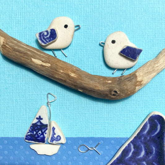 Framed Original Pebble Art - Seagulls & Sailboat - Sea Pottery & Driftwood Picture - East Neuk Beach Crafts