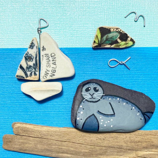 Framed Original Pebble Art - Seal, Sailboat & Bass Rock - Sea Pottery & Driftwood Picture - East Neuk Beach Crafts