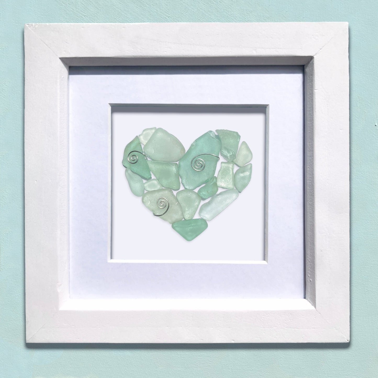 Framed Original Sea Glass Heart Wall Art - Green Scottish Beach Glass Picture - East Neuk Beach Crafts