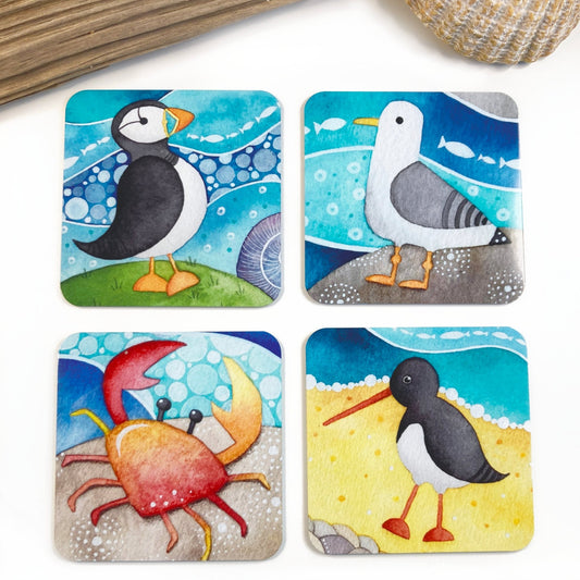 Fridge Magnets x 4 - Seaside Art - Puffin, Seagull, Oystercatcher and Crab - Save £1 - East Neuk Beach Crafts
