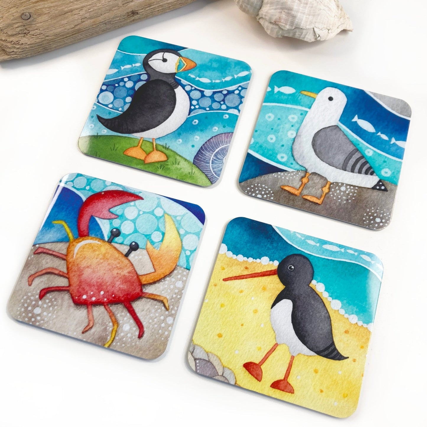 Fridge Magnets x 4 - Seaside Art - Puffin, Seagull, Oystercatcher and Crab - Save £1 - East Neuk Beach Crafts