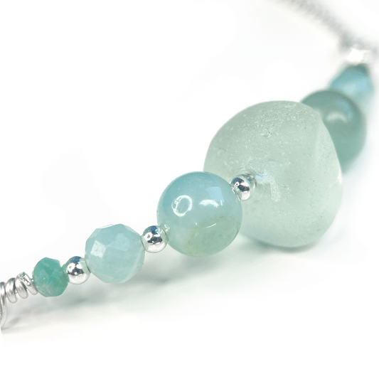 Green Sea Glass Bracelet - Sterling Silver Slider Bracelet with Amazonite Crystal Beads - East Neuk Beach Crafts