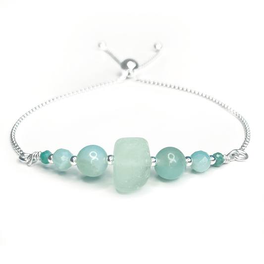 Green Sea Glass Bracelet - Sterling Silver Slider Bracelet with Amazonite Crystal Beads - East Neuk Beach Crafts
