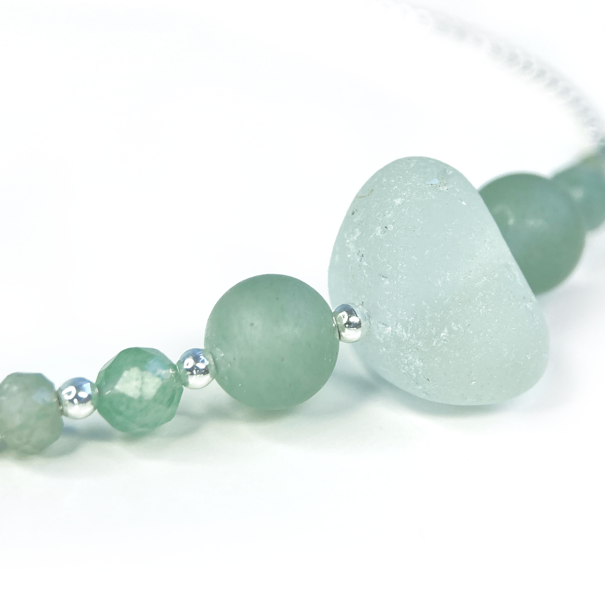 Green Sea Glass Bracelet - Sterling Silver Slider Bracelet with Aventurine Crystal Beads - East Neuk Beach Crafts