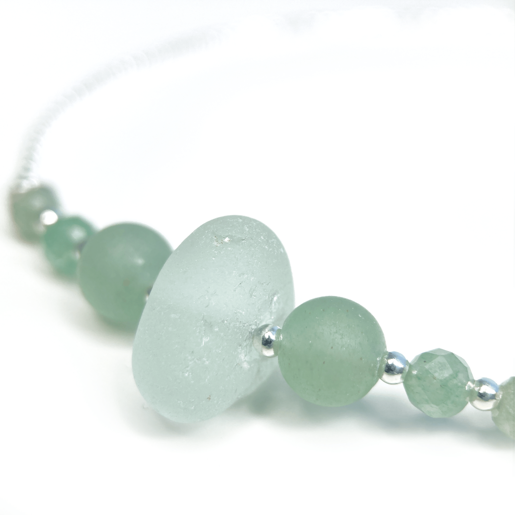 Green Sea Glass Bracelet - Sterling Silver Slider Bracelet with Aventurine Crystal Beads - East Neuk Beach Crafts