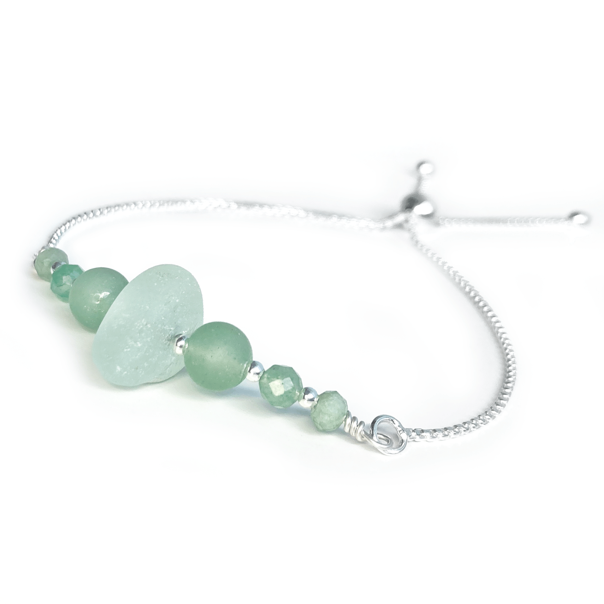 Green Sea Glass Bracelet - Sterling Silver Slider Bracelet with Aventurine Crystal Beads - East Neuk Beach Crafts